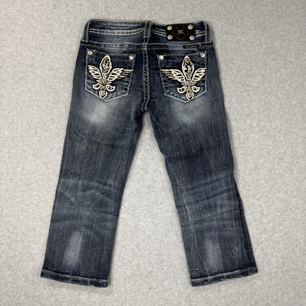 Miss Me Jeans Womens 14 Blue Denim Capri Embellished Distressed Dark Wash 26x18